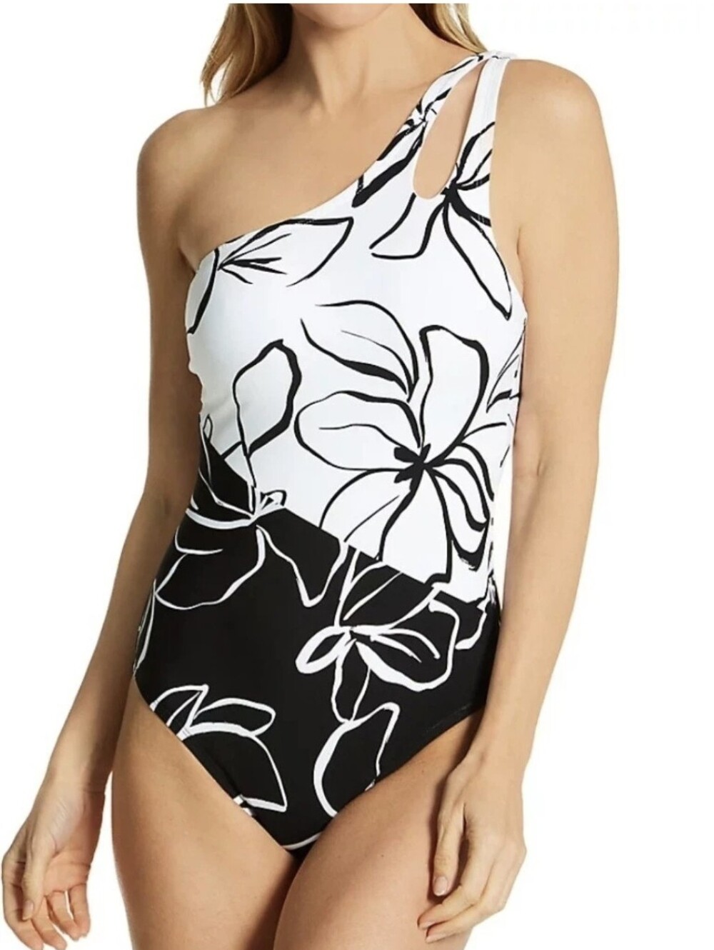 NWT LA BLANCA Moonlit Silhouette 1-shoulder keyhole swimsuit Black & White Sz.10 - Picture 2 of 11